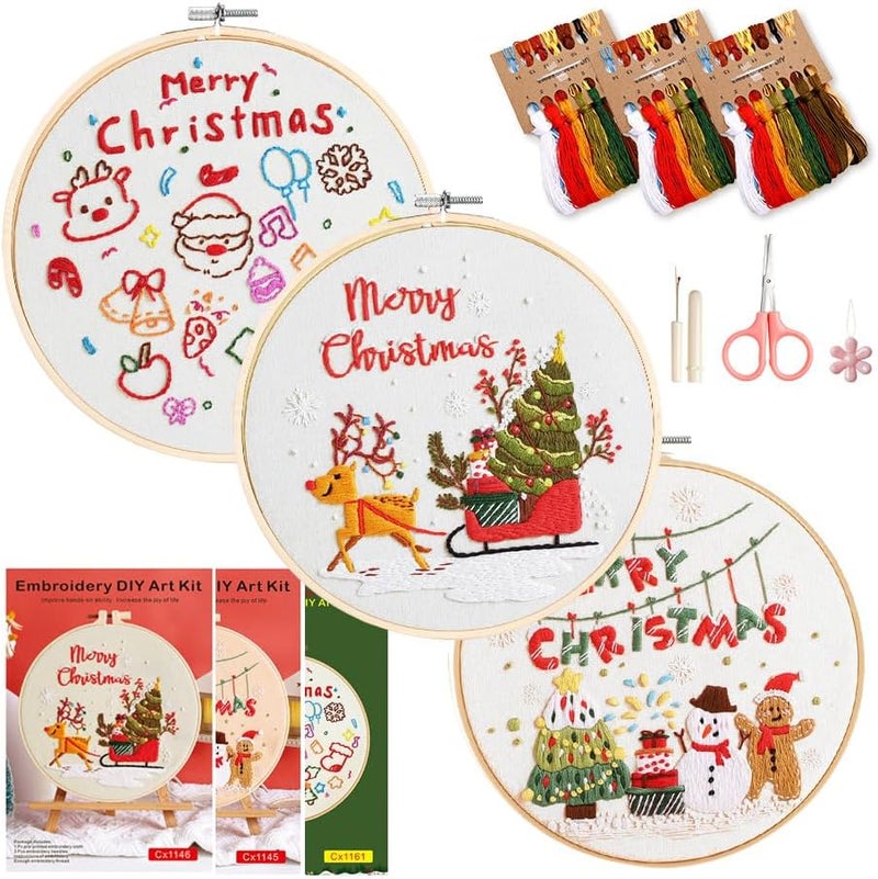 wtisan Christmas Embroidery Kits: 3 Pack Cross Stitch Kit for Beginners Adults, DIY Ornaments Craft Kit with All Tools & Instructions, Stamped Hand Embroidery Starter Kit for Holiday Crafts & Xmas Home Decor - Image 1
